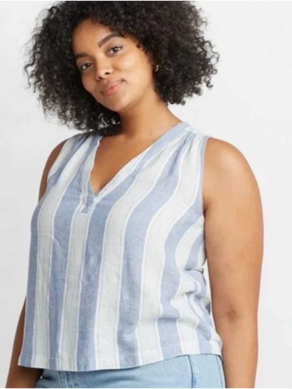 Marine Layer Sleeveless Striped V-Neck Tank in Blue and Cream